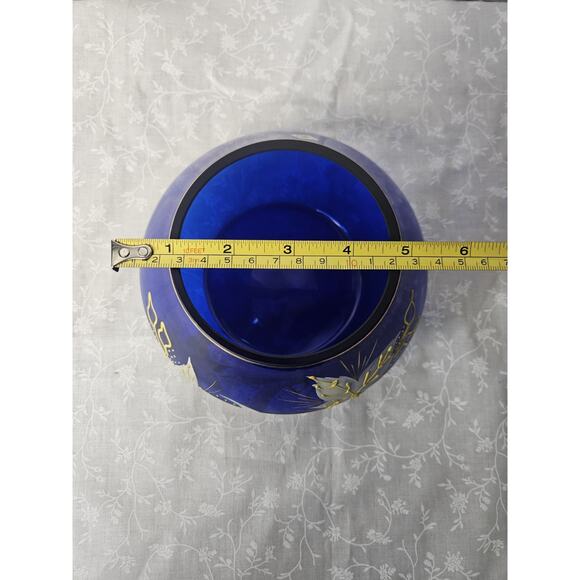 Bohemian Art Glass Short Vase in Cobalt Blue with Enameled Flowers & Gold Detail - Picture 6 of 10